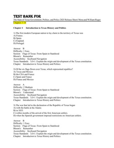 Test Bank For The State of Texas Government, Politics, and Policy 2025 Release Sherri Mora and Willi