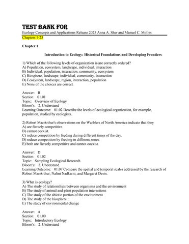 Test Bank For Ecology Concepts and Applications Release 2025 Anna A. Sher and Manuel C. Molles