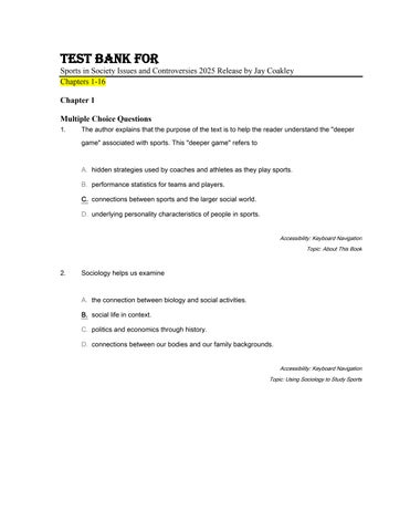 Test Bank For Sports in Society Issues and Controversies 2025 Release By Jay Coakley