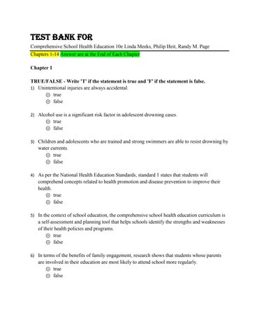 Test Bank For Comprehensive School Health Education 10e Linda Meeks, Philip Heit, Randy M. Page