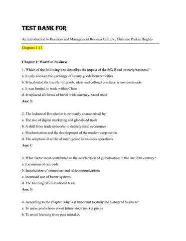 Test Bank For An Introduction to Business and Management Rossana Guttilla , Christine Parkin Hughes